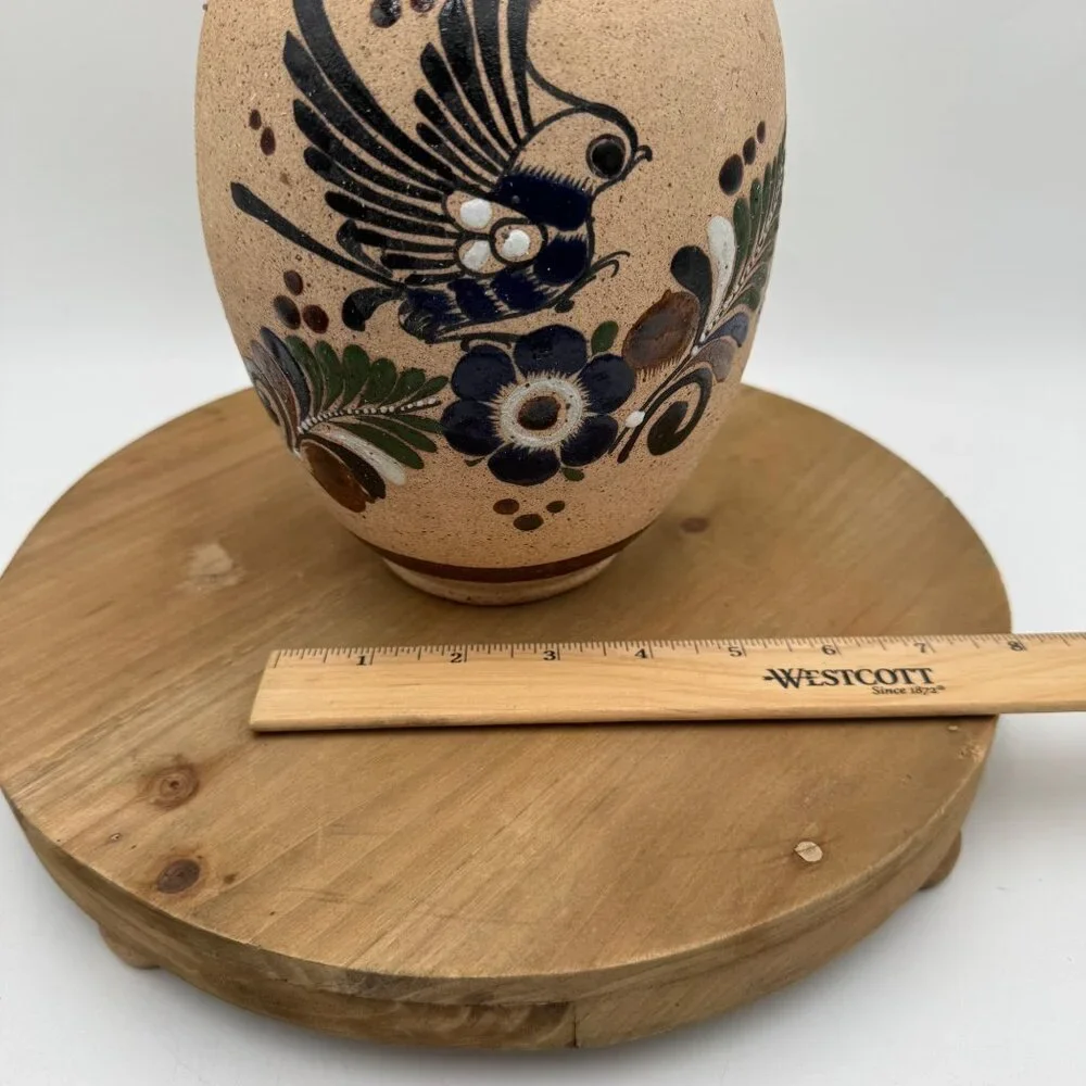 Vintage Tonala Bird Flower Vase Pottery Hand Painted Signed neutral color palett
